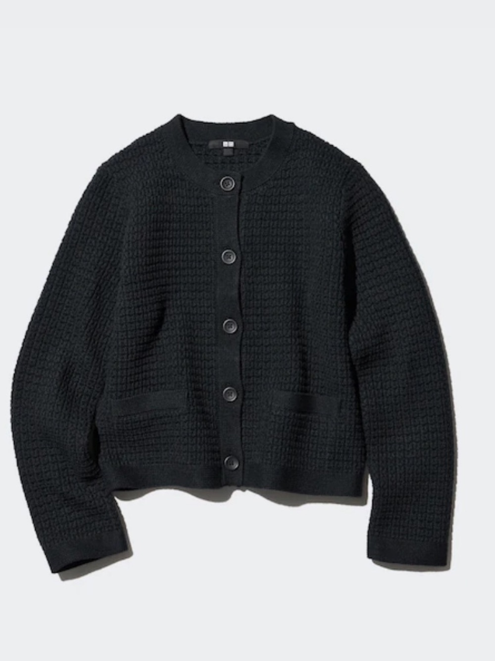 Uniqlo black knitted short jacket sweater cotton button down pockets size SM